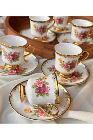Evimsahane Owen Çiçekli 6 Kişilik Ayaklı Kahve Fincan Takımı