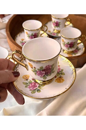 Evimsahane Owen Çiçekli 6 Kişilik Ayaklı Kahve Fincan Takımı