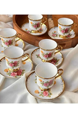 Evimsahane Owen Çiçekli 6 Kişilik Ayaklı Kahve Fincan Takımı