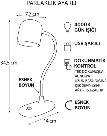 Berlin Şarjlı Dokunmatik Masa Lambası – 4000K Gün Işığı, Parlaklık Ayarlı, USB Şarjlı, Esnek Boyunlu LED Okuma ve Çalışma Lambası (Siyah)
