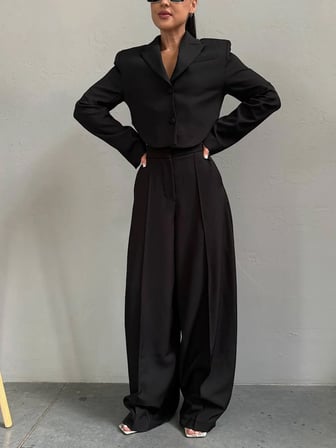 Crop Blazer Ceket ve Bol Paça Pantolon Takım - 3 Renk
