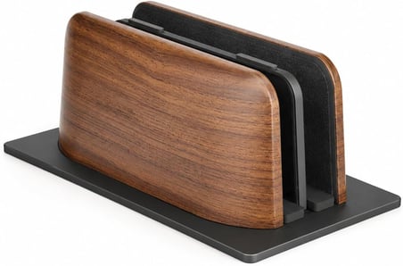 McStorey Ahşap Dikey Laptop Standı, Çift Yuvalı 2 Cihazlık MacBook ve Notebook Tutucu, Masaüstü Organizer, Kaymaz Tabanlı Ahşap Metal Bilgisayar Standı Kahverengi