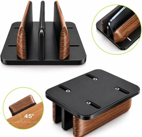 McStorey Ahşap Dikey Laptop Standı, Çift Yuvalı 2 Cihazlık MacBook ve Notebook Tutucu, Masaüstü Organizer, Kaymaz Tabanlı Ahşap Metal Bilgisayar Standı Kahverengi
