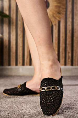 Günlük Kadın Hasır Terlik Zincirli Dantel Örme Alçak Topuklu Önü Kapalı Nakışlı Rahat Hafif 273