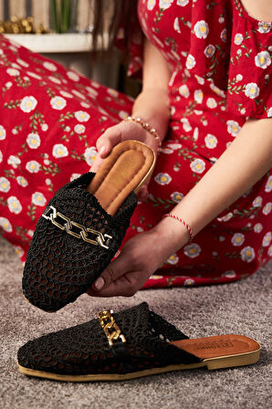 Günlük Kadın Hasır Terlik Zincirli Dantel Örme Alçak Topuklu Önü Kapalı Nakışlı Rahat Hafif 273