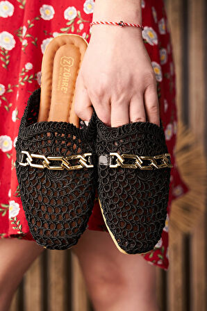 Günlük Kadın Hasır Terlik Zincirli Dantel Örme Alçak Topuklu Önü Kapalı Nakışlı Rahat Hafif 273