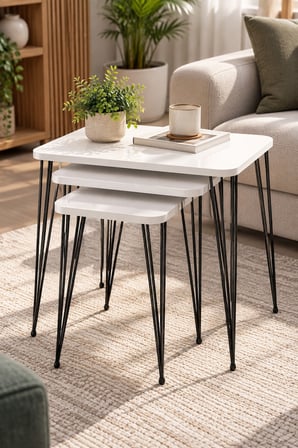 SuloraHome Metal Tel Zigon Sehpa Takımı Beyaz 3'lü