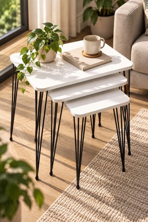 SuloraHome Metal Tel Zigon Sehpa Takımı Beyaz 3'lü