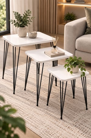 SuloraHome Metal Tel Zigon Sehpa Takımı Beyaz 3'lü