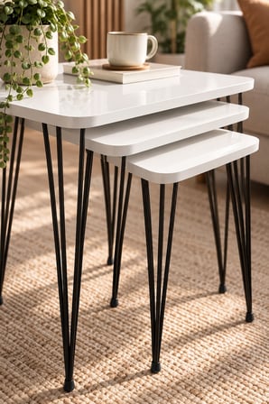 SuloraHome Metal Tel Zigon Sehpa Takımı Beyaz 3'lü