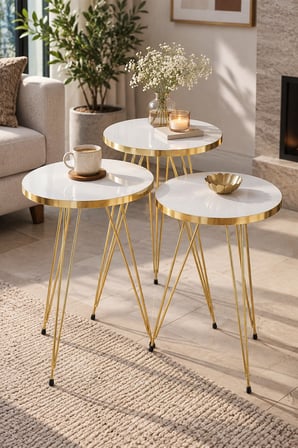 SuloraHome Gold Tel Zigon Sehpa Takımı Beyaz 3'lü