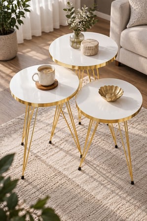SuloraHome Gold Tel Zigon Sehpa Takımı Beyaz 3'lü
