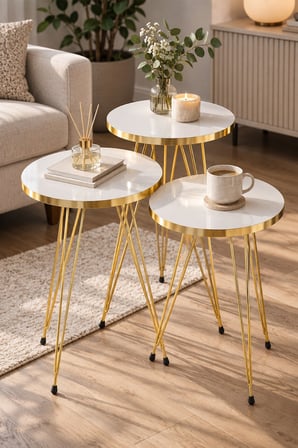 SuloraHome Gold Tel Zigon Sehpa Takımı Beyaz 3'lü