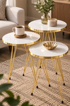 SuloraHome Gold Tel Zigon Sehpa Takımı Beyaz 3'lü