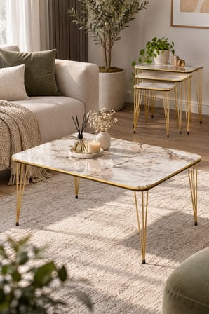 SuloraHome 4'lü Sehpa Seti Mermer Desenli Beyaz ve Gold Metal Ayaklı