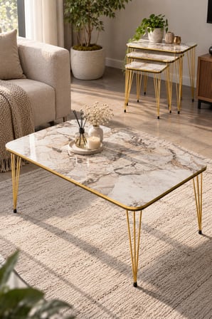 SuloraHome 4'lü Sehpa Seti Mermer Desenli Beyaz ve Gold Metal Ayaklı