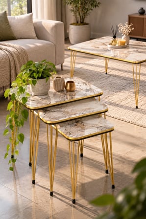 SuloraHome 4'lü Sehpa Seti Mermer Desenli Beyaz ve Gold Metal Ayaklı