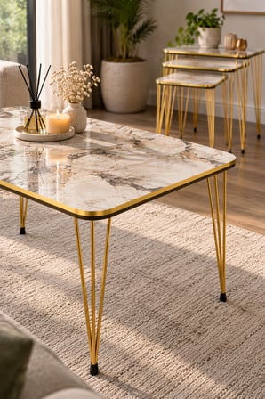 SuloraHome 4'lü Sehpa Seti Mermer Desenli Beyaz ve Gold Metal Ayaklı