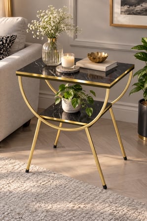 SuloraHome Yan Sehpa Komodin Siyah Mermer Desenli Gold Metal Ayaklı