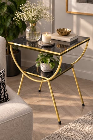 SuloraHome Yan Sehpa Komodin Siyah Mermer Desenli Gold Metal Ayaklı