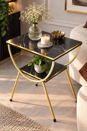 SuloraHome Yan Sehpa Komodin Siyah Mermer Desenli Gold Metal Ayaklı