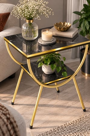SuloraHome Yan Sehpa Komodin Siyah Mermer Desenli Gold Metal Ayaklı