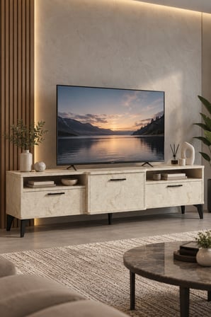 SuloraHome Ekru Traverten Desenli Suntalam TV Sehpası 160x40 cm