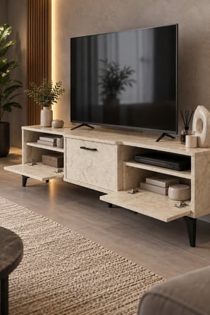 SuloraHome Ekru Traverten Desenli Suntalam TV Sehpası 160x40 cm