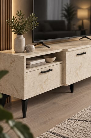 SuloraHome Ekru Traverten Desenli Suntalam TV Sehpası 160x40 cm