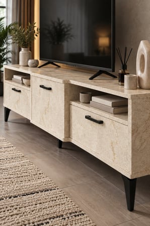 SuloraHome Ekru Traverten Desenli Suntalam TV Sehpası 160x40 cm
