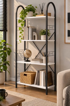 SuloraHome Beyaz Metal İskeletli 4 Raflı Çok Amaçlı Kitaplık ve Raf Ünitesi 150 cm