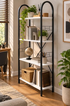 SuloraHome Beyaz Metal İskeletli 4 Raflı Çok Amaçlı Kitaplık ve Raf Ünitesi 150 cm