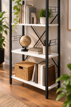 SuloraHome Beyaz Metal İskeletli 4 Raflı Çok Amaçlı Kitaplık ve Raf Ünitesi 150 cm