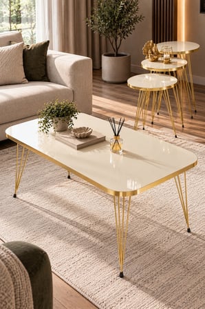 SuloraHome Gold Tel Ayaklı 4'lü Sehpa Seti Krem