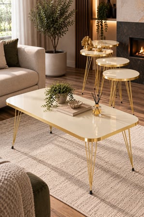 SuloraHome Gold Tel Ayaklı 4'lü Sehpa Seti Krem