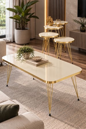 SuloraHome Gold Tel Ayaklı 4'lü Sehpa Seti Krem