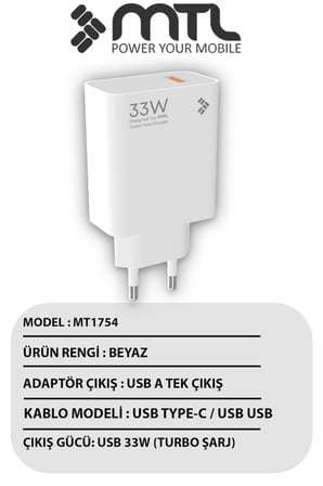 33W Turbo Şarj Saniyeli USB Çıkışlı Hızlı Şarj Adaptörü MT1754