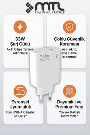 33W Turbo Şarj Saniyeli USB Çıkışlı Hızlı Şarj Adaptörü MT1754