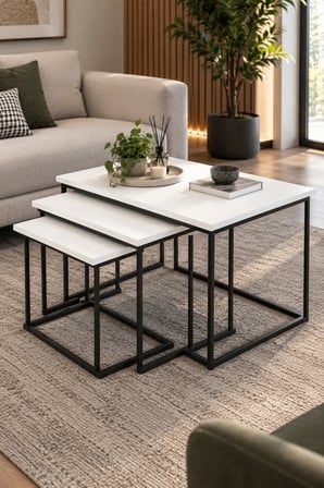 SuloraHome Beyaz 3'lü Sehpa Seti Metal Ayaklı Dikdörtgen Tasarım