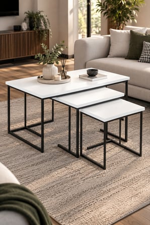 SuloraHome Beyaz 3'lü Sehpa Seti Metal Ayaklı Dikdörtgen Tasarım