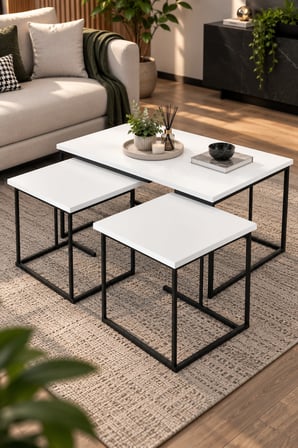 SuloraHome Beyaz 3'lü Sehpa Seti Metal Ayaklı Dikdörtgen Tasarım