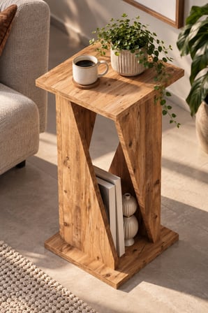SuloraHome Modern Ahşap Görünümlü Dekoratif Yan Sehpa