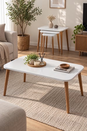 SuloraHome Torna Ayaklı Beyaz Orta ve Zigon Sehpa Seti 4'lü