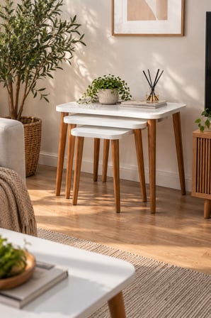 SuloraHome Torna Ayaklı Beyaz Orta ve Zigon Sehpa Seti 4'lü