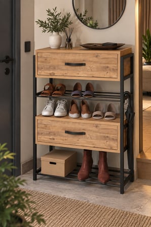 SuloraHome Ahşap Desenli Metal Gövdeli Ayakkabılık ve Dresuar
