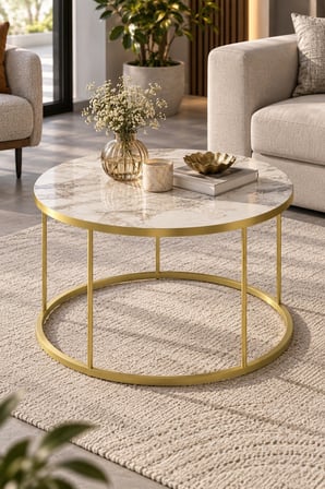 SuloraHome Gold Ayaklı Mermer Desenli Çekmeceli Yuvarlak Orta Sehpa
