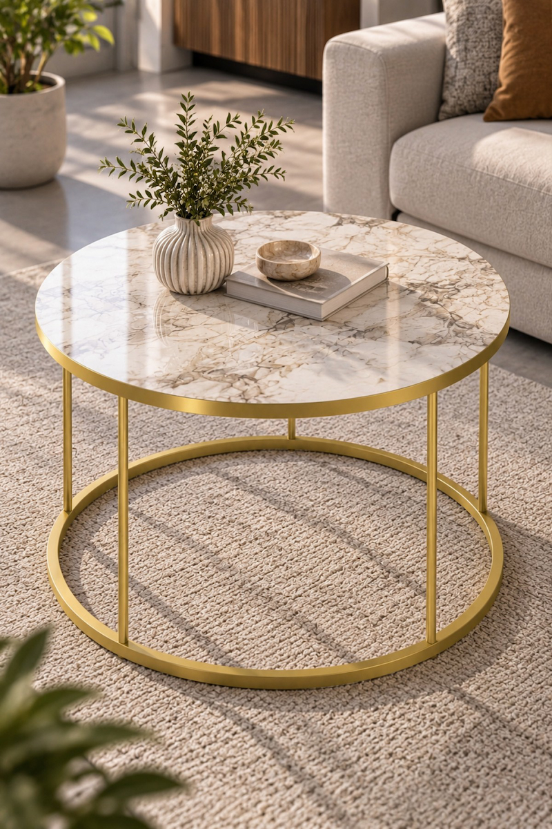 SuloraHome Gold Ayaklı Mermer Desenli Çekmeceli Yuvarlak Orta Sehpa
