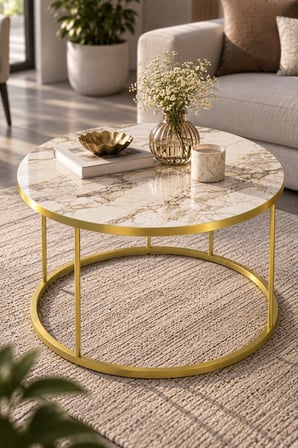 SuloraHome Gold Ayaklı Mermer Desenli Çekmeceli Yuvarlak Orta Sehpa