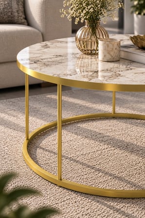 SuloraHome Gold Ayaklı Mermer Desenli Çekmeceli Yuvarlak Orta Sehpa