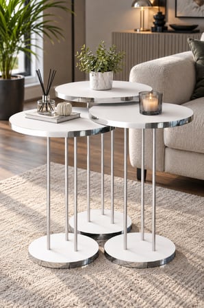 SuloraHome Gümüş Metal Ayaklı Beyaz 3'lü Zigon Sehpa Takımı